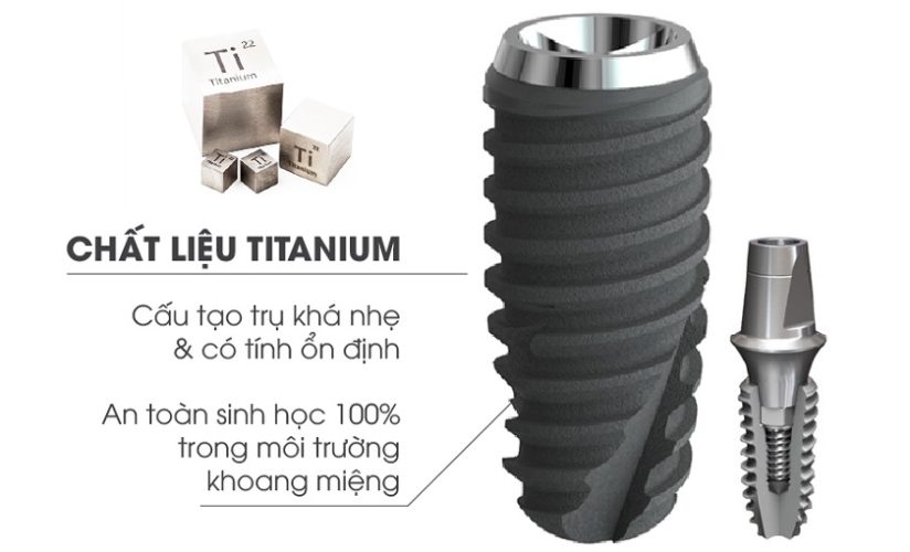 Trụ Implant làm từ Titanium là dòng sản phẩm được ứng dụng phổ biến nhất hiện nay